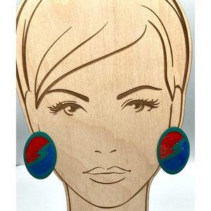 Retro Abstract Colorful Enamel Earrings, Vintage Artistic 80s Oval Studs, Teal
